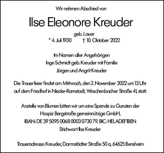 Traueranzeige von Ilse Eleonore Kreuder von vrm-trauer Darmstädter Echo