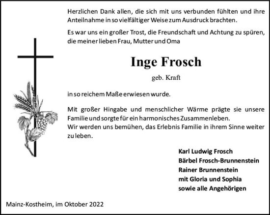 Traueranzeige von Inge Frosch von vrm-trauer AZ Mainz