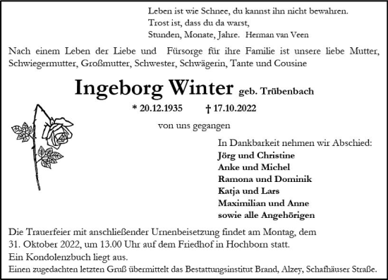 Traueranzeige von Ingeborg Winter von vrm-trauer Allgemeine Zeitung Alzey