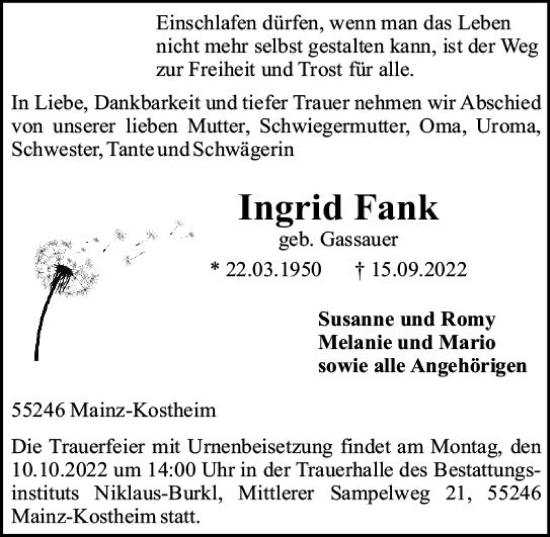 Traueranzeige von Ingrid Fank von vrm-trauer AZ Mainz