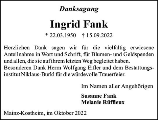Traueranzeige von Ingrid Fank von vrm-trauer AZ Mainz