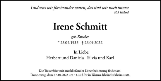 Traueranzeige von Irene Schmitt von vrm-trauer Wormser Zeitung