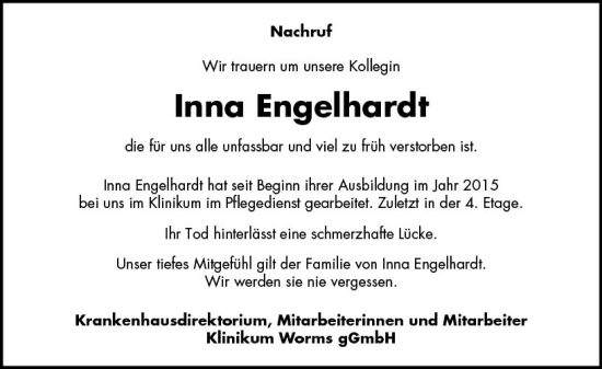 Traueranzeige von Irma Engelhardt von vrm-trauer Wormser Zeitung