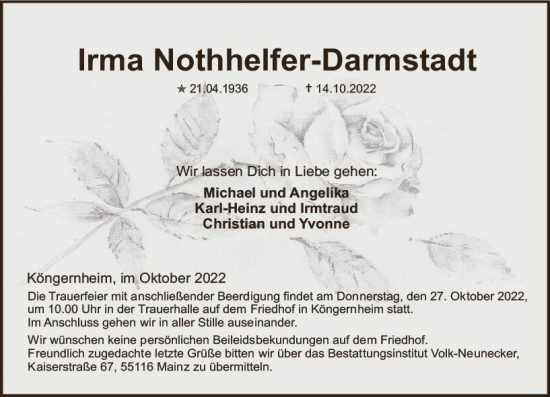 Traueranzeige von Irma Nothhelfer-Darmstadt von vrm-trauer AZ Mainz