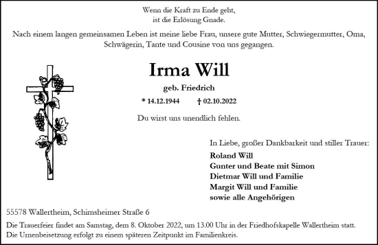 Traueranzeige von Irma Will von vrm-trauer Allgemeine Zeitung Alzey