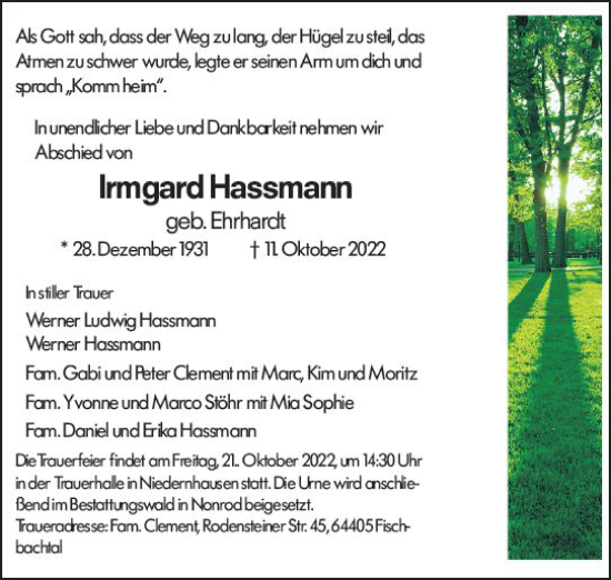 Traueranzeige von Irmgard Hassmann von vrm-trauer Darmstädter Echo
