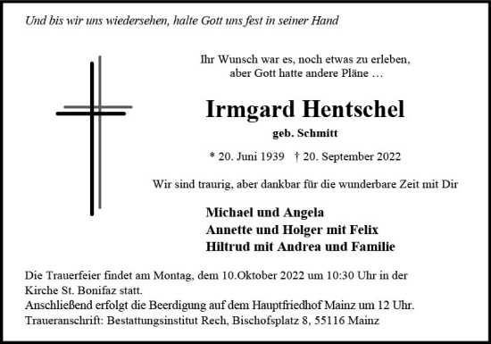 Traueranzeige von Irmgard Hentschel von vrm-trauer AZ Mainz