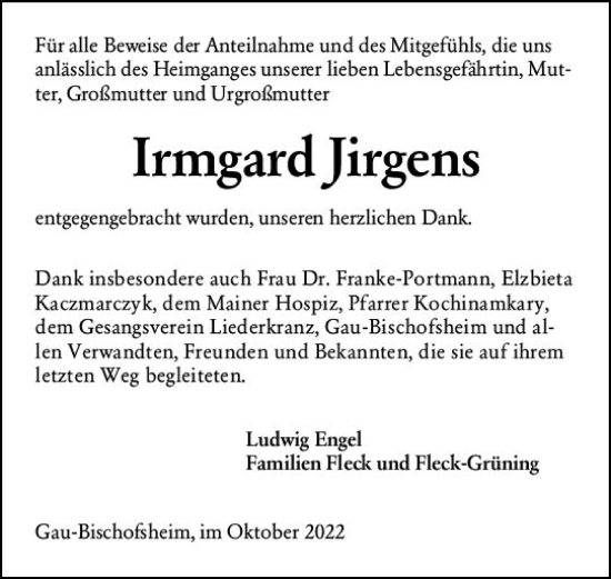 Traueranzeige von Irmgard Jirgens von vrm-trauer AZ Mainz