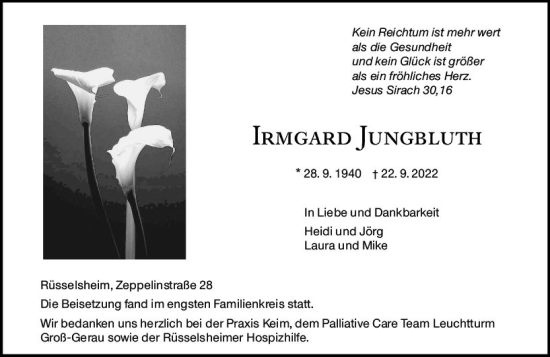 Traueranzeige von Irmgard Jungbluth von vrm-trauer Rüsselsheimer Echo / MainSpitze