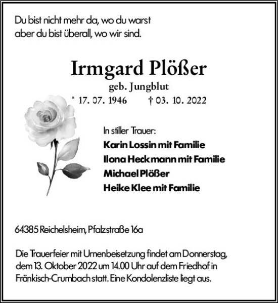 Traueranzeige von Irmgard Plößer von vrm-trauer Odenwälder Echo