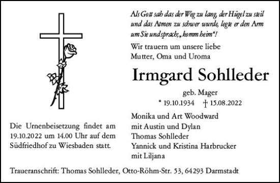 Traueranzeige von Irmgard Sohlleder von vrm-trauer Wiesbadener Kurier