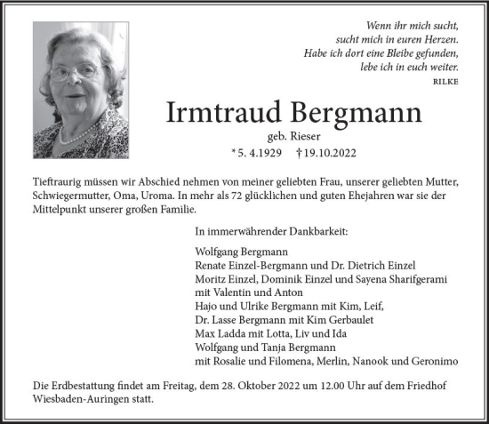 Traueranzeige von Irmtraud Bergmann von vrm-trauer Wiesbadener Kurier