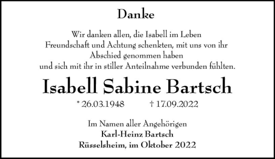 Traueranzeige von Isabell Sabine Bartsch von vrm-trauer Rüsselsheimer Echo / MainSpitze