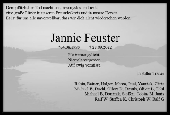 Traueranzeige von Jannic Feuster von vrm-trauer Rüsselsheimer Echo / MainSpitze