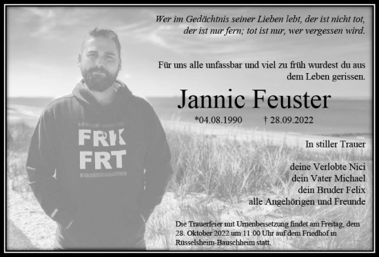 Traueranzeige von Jannic Feuster von vrm-trauer Rüsselsheimer Echo / MainSpitze