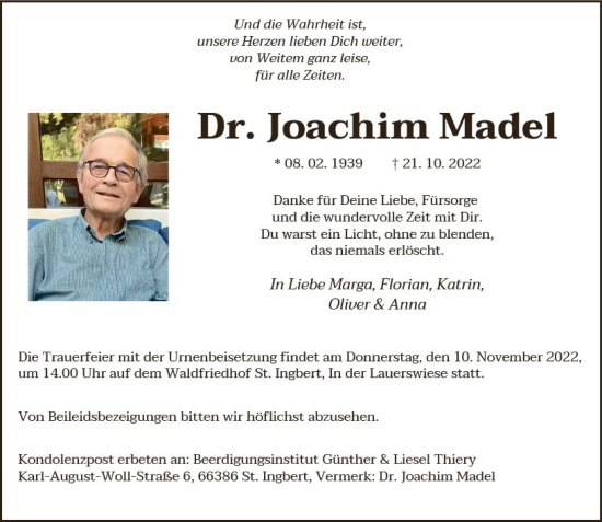 Traueranzeige von Joachim Madel von vrm-trauer Allgemeine  Zeitung Ingelheim-Bingen