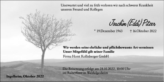 Traueranzeige von Joachim Pitzer von vrm-trauer Allgemeine  Zeitung Ingelheim-Bingen