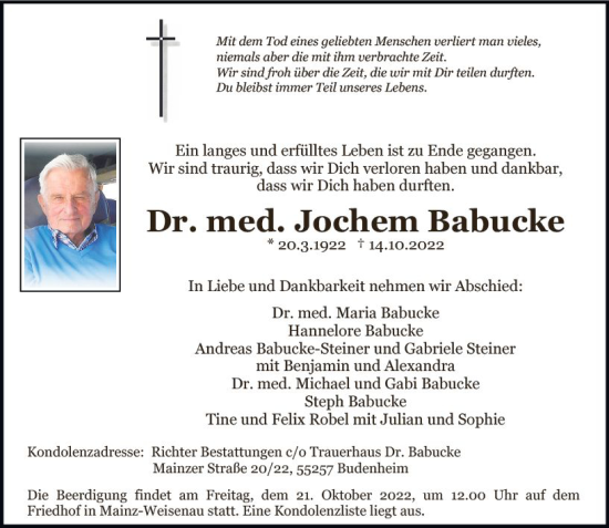Traueranzeige von Jochem Babucke von vrm-trauer AZ Mainz
