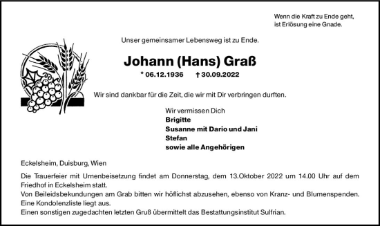 Traueranzeige von Johann Graß von vrm-trauer Allgemeine Zeitung Alzey
