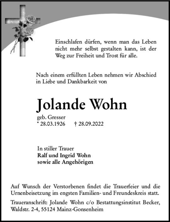 Traueranzeige von Jolande Wohn von vrm-trauer AZ Mainz