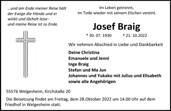 Traueranzeige von Josef Braig von vrm-trauer Allgemeine  Zeitung Ingelheim-Bingen