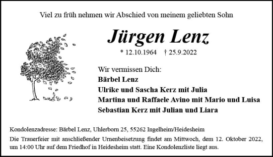 Traueranzeige von Jürgen Lenz von vrm-trauer AZ Mainz