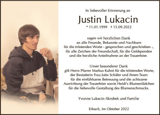 Traueranzeige von Justin Lukacin von vrm-trauer Odenwälder Echo