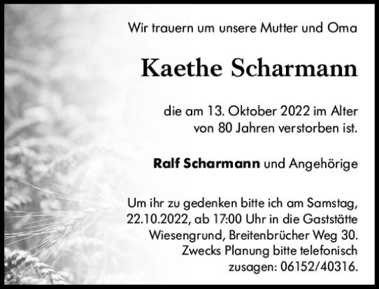 Traueranzeige von Kaethe Scharmann von vrm-trauer Groß-Gerauer Echo