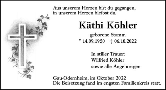 Traueranzeige von Käthi Köhler von vrm-trauer Allgemeine Zeitung Alzey