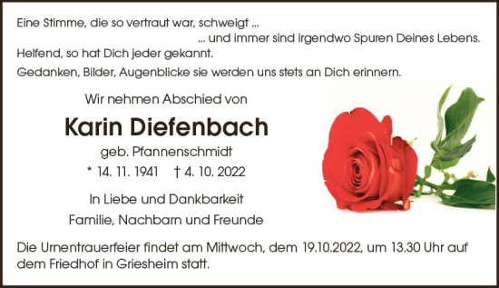 Traueranzeige von Karin Diefenbach von vrm-trauer Darmstädter Echo