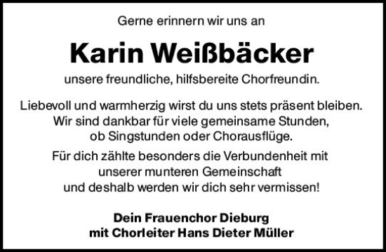 Traueranzeige von Karin Weißbäcker von vrm-trauer DieburgerAnzeiger/Groß-Zimmerner Lokala