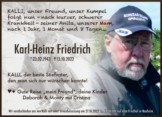 Traueranzeige von Karl-Heinz Friedrich von vrm-trauer Rüsselsheimer Echo / MainSpitze