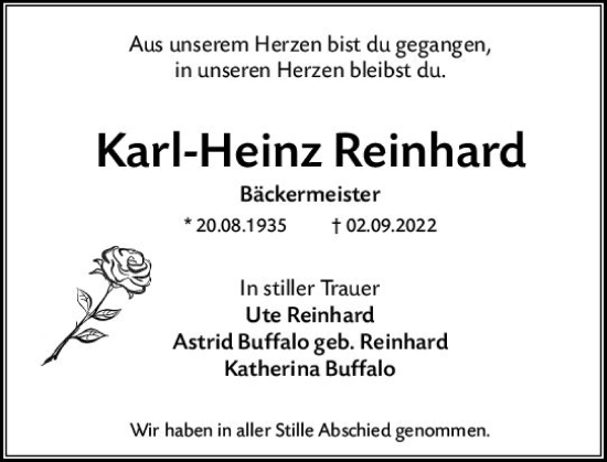 Traueranzeige von Karl-Heinz Reinhard von vrm-trauer Wiesbadener Kurier