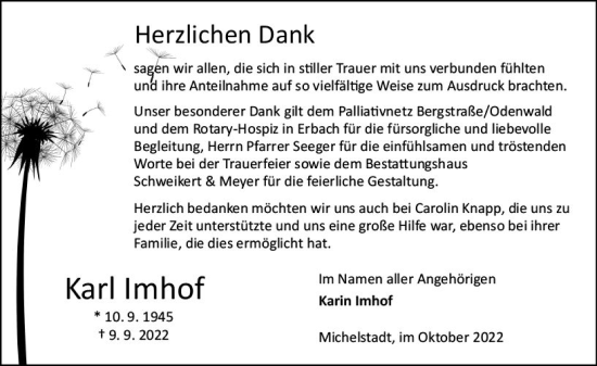 Traueranzeige von Karl Imhof von vrm-trauer Odenwälder Echo
