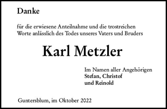 Traueranzeige von Karl Metzler von vrm-trauer AZ Mainz