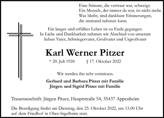 Traueranzeige von Karl Werner Pitzer von vrm-trauer Allgemeine  Zeitung Ingelheim-Bingen