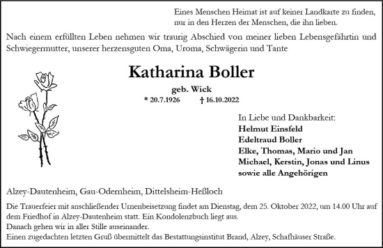 Traueranzeige von Katharina Boller von vrm-trauer Allgemeine Zeitung Alzey