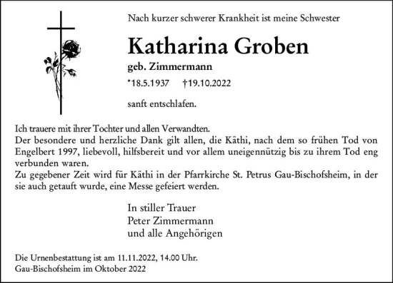 Traueranzeige von Katharina Groben von vrm-trauer AZ Mainz