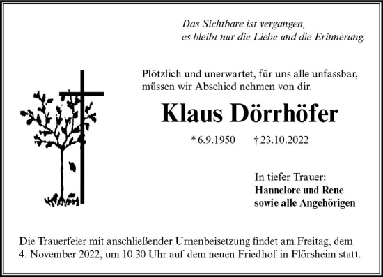 Traueranzeige von Klaus Dörrhöfer von vrm-trauer Rüsselsheimer Echo / MainSpitze