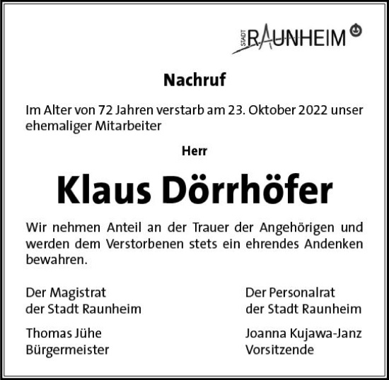 Traueranzeige von Klaus Dörrhöfer von vrm-trauer Rüsselsheimer Echo / MainSpitze