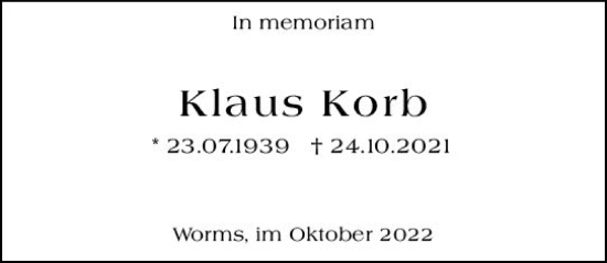 Traueranzeige von Klaus Korb von vrm-trauer Wormser Zeitung