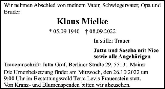 Traueranzeige von Klaus Milke von vrm-trauer Wiesbadener Kurier