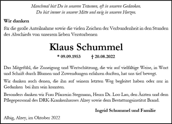 Traueranzeige von Klaus Schummel von vrm-trauer Allgemeine Zeitung Alzey