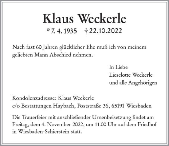 Traueranzeige von Klaus Weckerle von vrm-trauer Wiesbadener Kurier