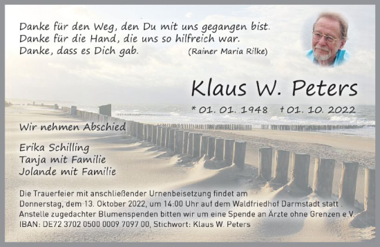 Traueranzeige von Klaus W. Peters von vrm-trauer Darmstädter Echo
