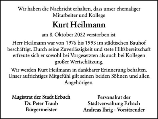 Traueranzeige von Kurt Heilmann von vrm-trauer Odenwälder Echo