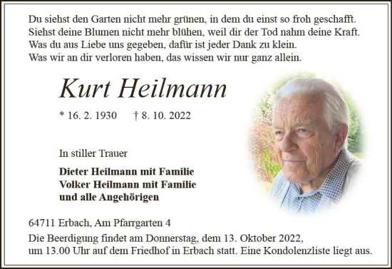 Traueranzeige von Kurt Heilmann von vrm-trauer Odenwälder Echo