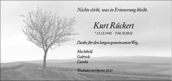 Traueranzeige von Kurt Rückert von vrm-trauer Wiesbadener Kurier