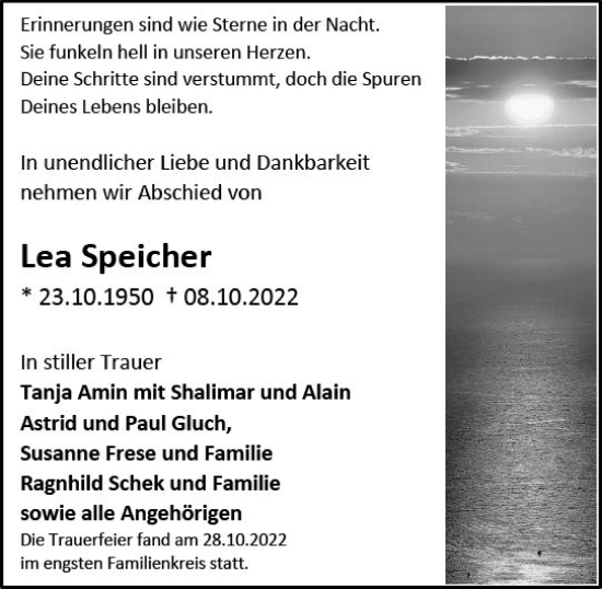 Traueranzeige von Lea Speicher von vrm-trauer Allgemeine Zeitung Alzey