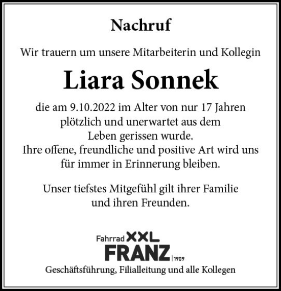 Traueranzeige von Liara Sonnek von vrm-trauer Darmstädter Echo